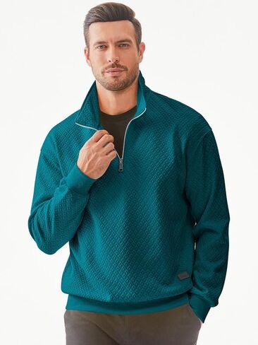 Men's Quarter Zip Sweatshirts Mock Neck Pullover Long Sleeve Solid Color Geometric Texture Waffle Sweatshirt in Saudi Arabia