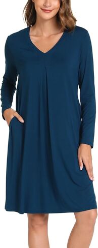 Bamboo Viscose Women's Nightgowns Long Sleeve V-neck Sleepwear with Pockets in Saudi Arabia
