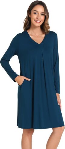Bamboo Viscose Women's Nightgowns Long Sleeve V-neck Sleepwear with Pockets in Saudi Arabia