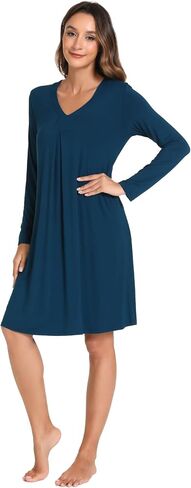 Bamboo Viscose Women's Nightgowns Long Sleeve V-neck Sleepwear with Pockets in Saudi Arabia