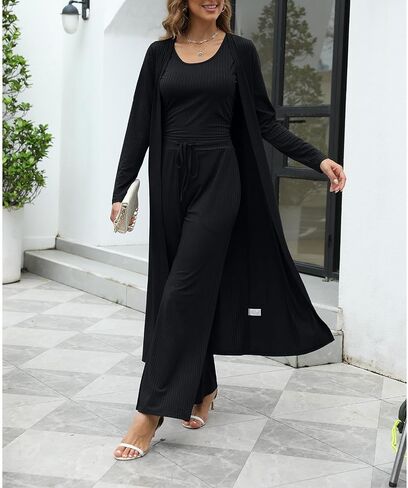 Womens Outfits 3 Piece Track Suits Set Long Cardigan Crop Tank Top Wide Leg Pants Matching Tracksuit Sets in Saudi Arabia