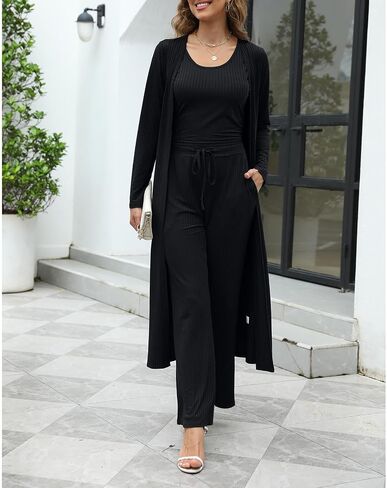Womens Outfits 3 Piece Track Suits Set Long Cardigan Crop Tank Top Wide Leg Pants Matching Tracksuit Sets in Saudi Arabia