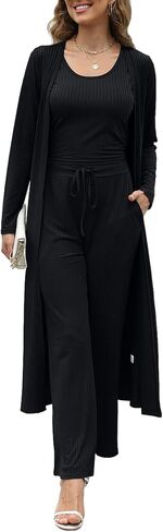 Womens Outfits 3 Piece Track Suits Set Long Cardigan Crop Tank Top Wide Leg Pants Matching Tracksuit Sets in Saudi Arabia