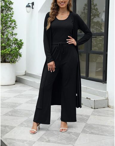Womens Outfits 3 Piece Track Suits Set Long Cardigan Crop Tank Top Wide Leg Pants Matching Tracksuit Sets in Saudi Arabia