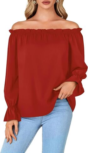 LYANER Women's Off Shoulder Ruffle Long Lantern Sleeve Ruched Casual Loose Tops Blouse Shirt in Kuwait