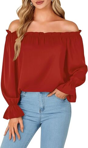 LYANER Women's Off Shoulder Ruffle Long Lantern Sleeve Ruched Casual Loose Tops Blouse Shirt in Kuwait