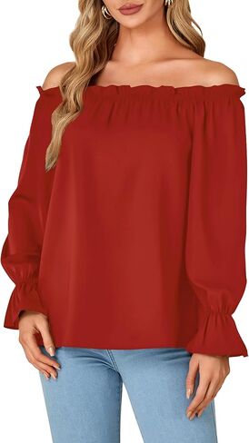 LYANER Women's Off Shoulder Ruffle Long Lantern Sleeve Ruched Casual Loose Tops Blouse Shirt in Kuwait
