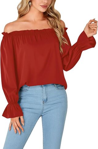LYANER Women's Off Shoulder Ruffle Long Lantern Sleeve Ruched Casual Loose Tops Blouse Shirt in Kuwait