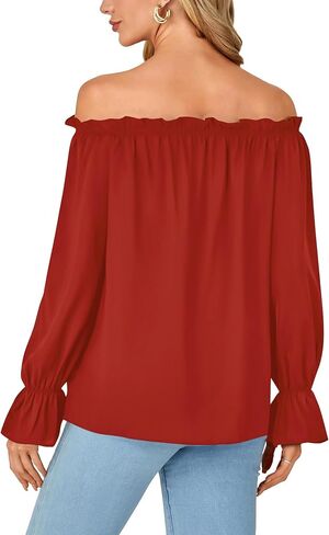 LYANER Women's Off Shoulder Ruffle Long Lantern Sleeve Ruched Casual Loose Tops Blouse Shirt in Kuwait