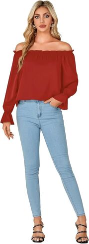 LYANER Women's Off Shoulder Ruffle Long Lantern Sleeve Ruched Casual Loose Tops Blouse Shirt in Kuwait