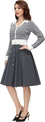Belle Poque Women's Vintage Skirts High Waisted Flared A-Line Midi Skirt with Belt Pockets & Belts in Saudi Arabia