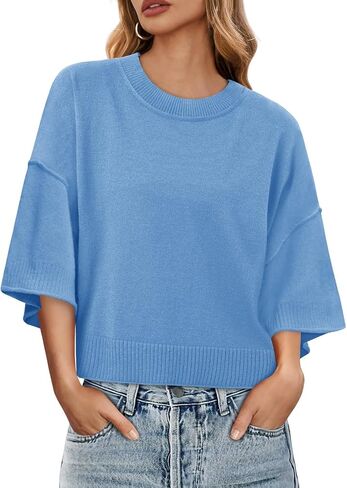 Saodimallsu Womens Short Sleeve Oversized Sweater Tops Cropped Crewneck Casual Loose Knit 2025 Summer T Shirts in Kuwait