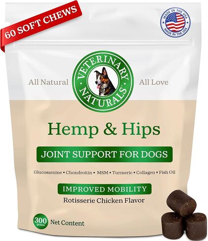 Veterinary Naturals Hemp & HIPS Joint Supplement for Dogs - 60 Soft Chews for Dog Hip and Joint Supplement with Glucosamine for Dogs, MSM, & Turmeric (Beef & Bacon) in Saudi Arabia