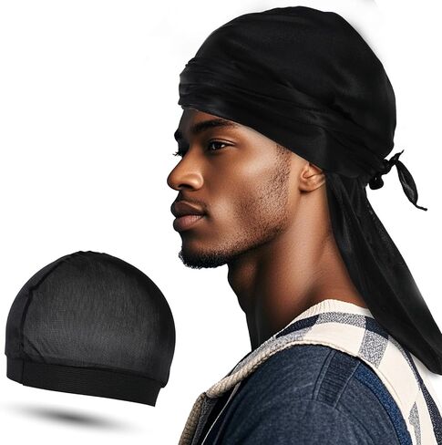 Silky Durag for Men, Satin Dorag with 1 Wave Cap, Silk Doo Rag with Long Tail and Wide Straps Du rag Headwraps(Black) in Saudi Arabia