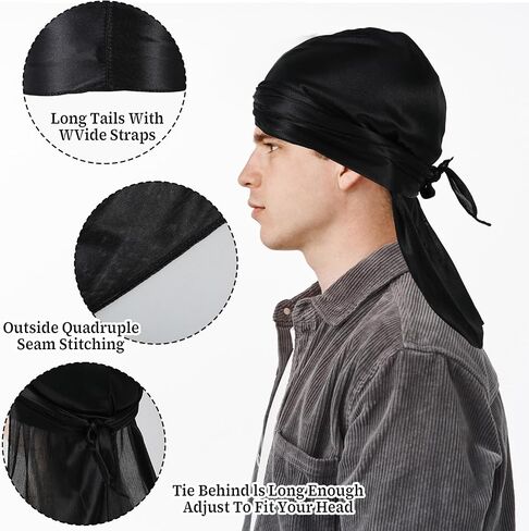 Silky Durag for Men, Satin Dorag with 1 Wave Cap, Silk Doo Rag with Long Tail and Wide Straps Du rag Headwraps(Black) in Saudi Arabia