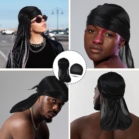Silky Durag for Men, Satin Dorag with 1 Wave Cap, Silk Doo Rag with Long Tail and Wide Straps Du rag Headwraps(Black) in Saudi Arabia