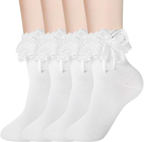 White Lace Socks 1 Pair Lace Socks for Women Ankle Ruffle Socks with Bows Lolita Socks with Bow Women Lace Ruffle Frilly Ankle Socks with Bow Soft Knit Lolita Princess Socks for Girls (White) in Saudi Arabia