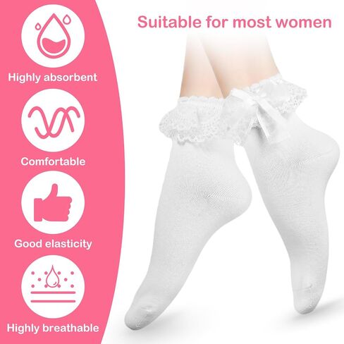 White Lace Socks 1 Pair Lace Socks for Women Ankle Ruffle Socks with Bows Lolita Socks with Bow Women Lace Ruffle Frilly Ankle Socks with Bow Soft Knit Lolita Princess Socks for Girls (White) in Saudi Arabia