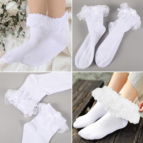 White Lace Socks 1 Pair Lace Socks for Women Ankle Ruffle Socks with Bows Lolita Socks with Bow Women Lace Ruffle Frilly Ankle Socks with Bow Soft Knit Lolita Princess Socks for Girls (White) in Saudi Arabia