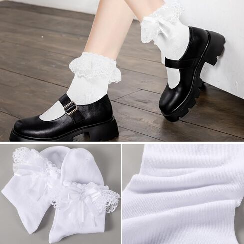 White Lace Socks 1 Pair Lace Socks for Women Ankle Ruffle Socks with Bows Lolita Socks with Bow Women Lace Ruffle Frilly Ankle Socks with Bow Soft Knit Lolita Princess Socks for Girls (White) in Saudi Arabia