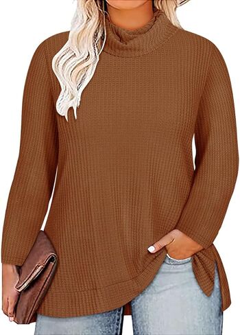 CARCOS Womens Plus Size Turtleneck Sweaters Long Sleeve Waffle Knit Tops Side Spilt Solid T-Shirts for Fall Winter in Kuwait