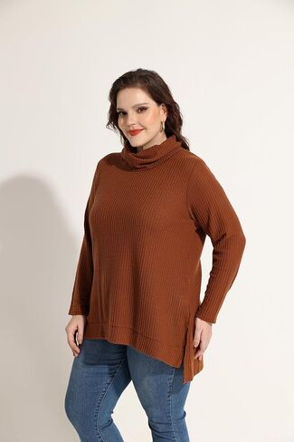 CARCOS Womens Plus Size Turtleneck Sweaters Long Sleeve Waffle Knit Tops Side Spilt Solid T-Shirts for Fall Winter in Kuwait