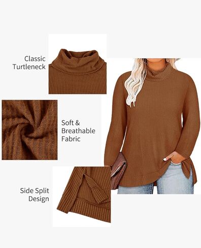 CARCOS Womens Plus Size Turtleneck Sweaters Long Sleeve Waffle Knit Tops Side Spilt Solid T-Shirts for Fall Winter in Kuwait