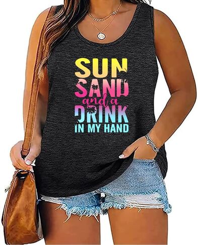 Plus Size Tank Top for Women Sun Salt Sea Letter Graphic Printed Sleeveless Loose Casual Tunics Shirts in Kuwait