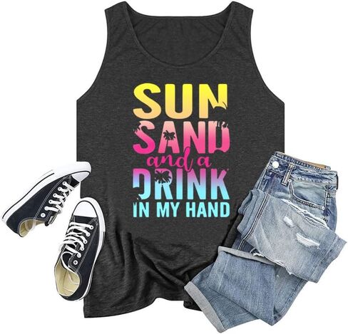 Plus Size Tank Top for Women Sun Salt Sea Letter Graphic Printed Sleeveless Loose Casual Tunics Shirts in Kuwait