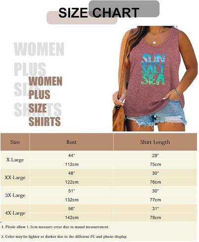 Plus Size Tank Top for Women Sun Salt Sea Letter Graphic Printed Sleeveless Loose Casual Tunics Shirts in Kuwait