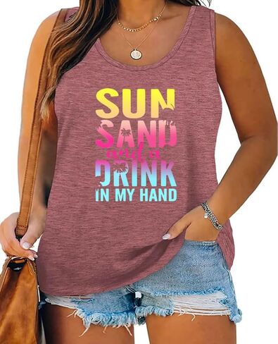 Plus Size Tank Top for Women Sun Salt Sea Letter Graphic Printed Sleeveless Loose Casual Tunics Shirts in Kuwait
