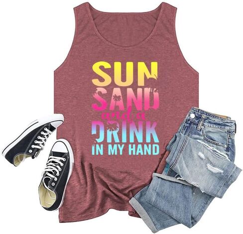 Plus Size Tank Top for Women Sun Salt Sea Letter Graphic Printed Sleeveless Loose Casual Tunics Shirts in Kuwait