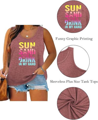 Plus Size Tank Top for Women Sun Salt Sea Letter Graphic Printed Sleeveless Loose Casual Tunics Shirts in Kuwait