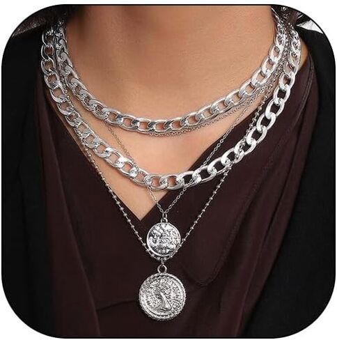 Roe Dolph Layered Necklaces for Women Trendy Gold Necklace Stack Layering Gold Necklaces Coin Cuban Chain Pendant Necklace Gold Jewelry in Saudi Arabia