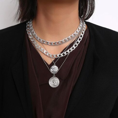 Roe Dolph Layered Necklaces for Women Trendy Gold Necklace Stack Layering Gold Necklaces Coin Cuban Chain Pendant Necklace Gold Jewelry in Saudi Arabia
