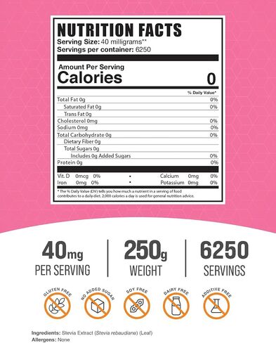 BulkSupplements.com Stevia Extract Powder - Stevia Sweetener, Pure Stevia Powder - Zero Calorie Sweetener, Gluten Free, 40mg per Serving, 250g (8.8 oz) (Pack of 1) in Kuwait