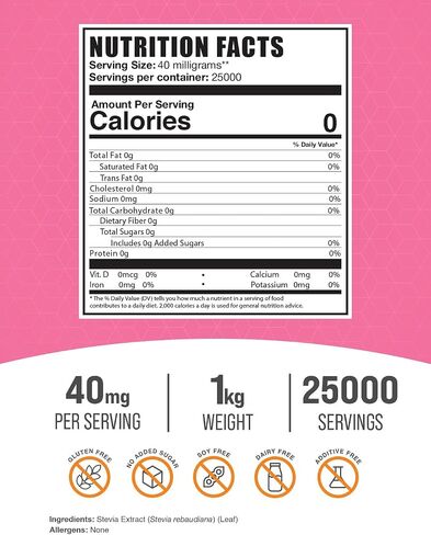 BulkSupplements.com Stevia Extract Powder - Stevia Sweetener, Pure Stevia Powder - Zero Calorie Sweetener, Gluten Free, 40mg per Serving, 250g (8.8 oz) (Pack of 1) in Kuwait