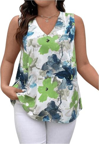 SOLY HUX Women's Plus Size Floral Print Tank Top Sleeveless Shirts V Neck Summer Going Out Blouse Tops in Saudi Arabia