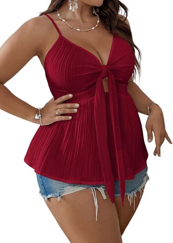 SOLY HUX Women's Plus Size Summer V Neck Cami Top Knot Front Peplum Camisole Tank Sleeveless Tunic Shirt in Saudi Arabia