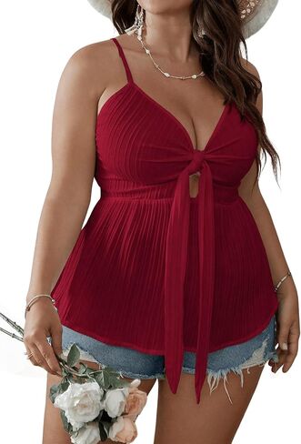 SOLY HUX Women's Plus Size Summer V Neck Cami Top Knot Front Peplum Camisole Tank Sleeveless Tunic Shirt in Saudi Arabia