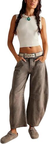 Barrel Jeans Women,Women Mid Rise Barrel Jeans Wide Leg Baggy Trendy Jeans Boyfriend Vintage Denim Pants with Pocket in Saudi Arabia
