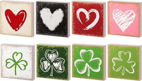 Qunclay 4 Pcs Valentine's Day Heart Tabletop Decor Reversible St. Patrick's Day Shamrock Wooden Sign Lucky Clover Table Centerpieces Irish Green Shamrock Tabletop for Home Party Holiday Tiered Tray in Kuwait