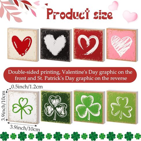 Qunclay 4 Pcs Valentine's Day Heart Tabletop Decor Reversible St. Patrick's Day Shamrock Wooden Sign Lucky Clover Table Centerpieces Irish Green Shamrock Tabletop for Home Party Holiday Tiered Tray in Kuwait