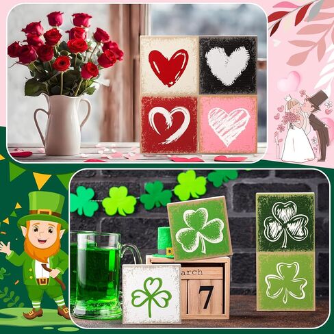 Qunclay 4 Pcs Valentine's Day Heart Tabletop Decor Reversible St. Patrick's Day Shamrock Wooden Sign Lucky Clover Table Centerpieces Irish Green Shamrock Tabletop for Home Party Holiday Tiered Tray in Kuwait