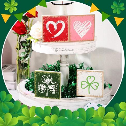 Qunclay 4 Pcs Valentine's Day Heart Tabletop Decor Reversible St. Patrick's Day Shamrock Wooden Sign Lucky Clover Table Centerpieces Irish Green Shamrock Tabletop for Home Party Holiday Tiered Tray in Kuwait