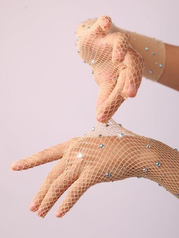 Sacina Nude Color Rhinestone Fishnet Gloves, Long Mesh Lace Gloves, Goth Gloves, Punk Gloves, Gothic accessories in Saudi Arabia