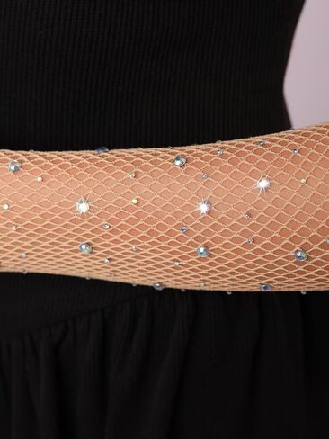 Sacina Nude Color Rhinestone Fishnet Gloves, Long Mesh Lace Gloves, Goth Gloves, Punk Gloves, Gothic accessories in Saudi Arabia