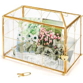 Okllen Glass Card Box with Slot, Large Gold Clear Card Box for Wedding Receptions, Decorative Storage Box with Lock for Baby Shower, Birthday Party, Bridal Shower