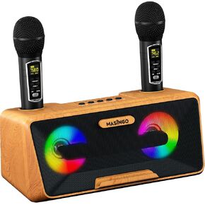 MASINGO Karaoke Machine for Adults and Kids with 2 Wireless Microphones, Portable Bluetooth Singing Speaker, Colorful LED Lights, PA System, Lyrics Display Phone Holder, and TV Cable. Presto G2