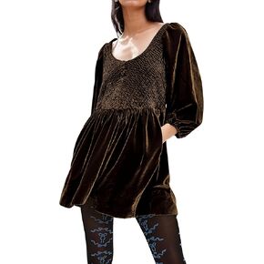 Livtany Women's Velvet Balloon Sleeve Mini Dress Babydoll Scoop Neck Ruffle Hem Short Dress Drop Waist Smocked Flare Dresses